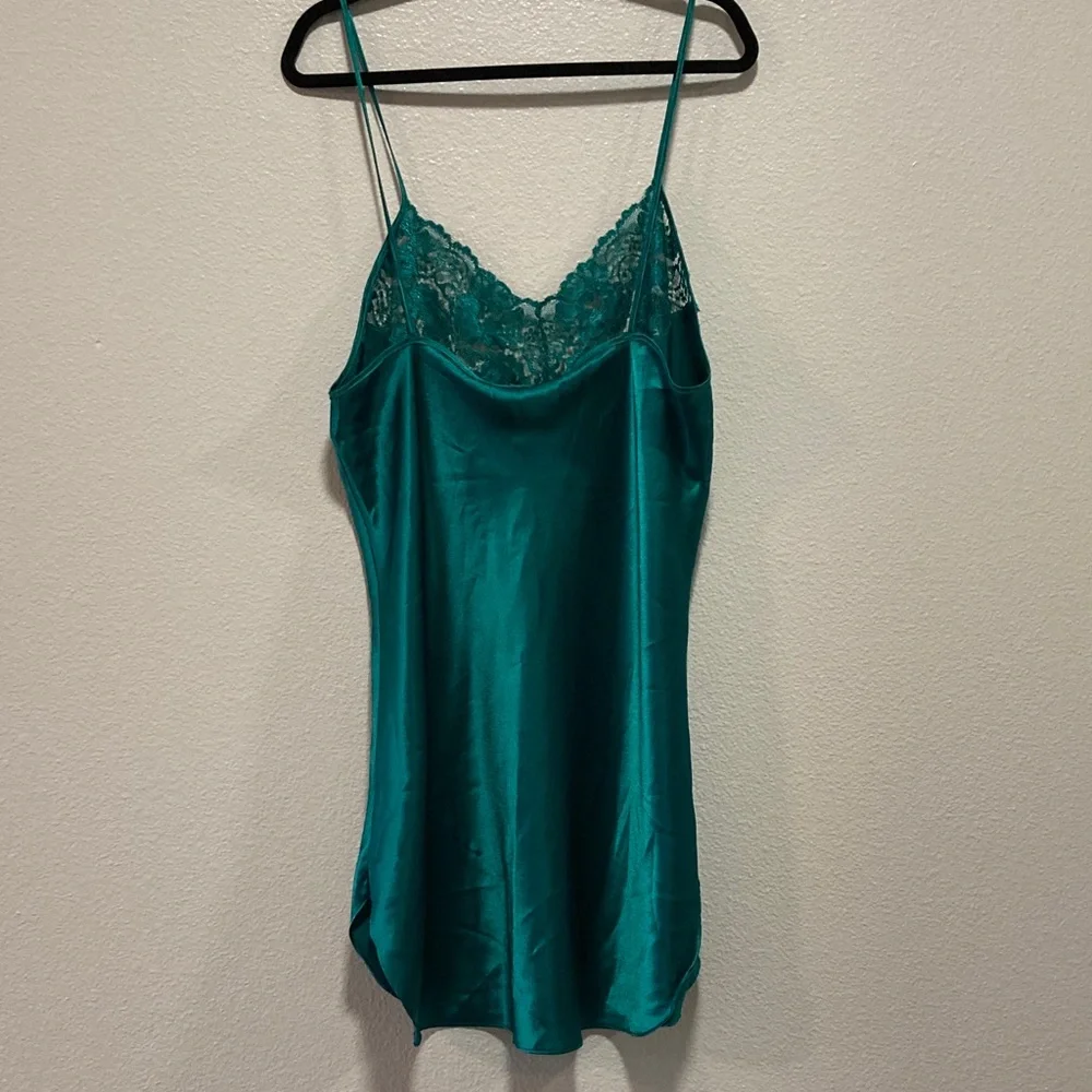Vintage 90s y2k Alexandra Nicole Green Lace Satin Slip Dress jewel tone sz XXL - Picture 9 of 12